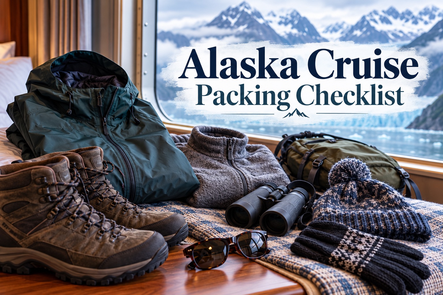 Alaska cruise packing checklist laid out with layers, rain jacket, and binoculars