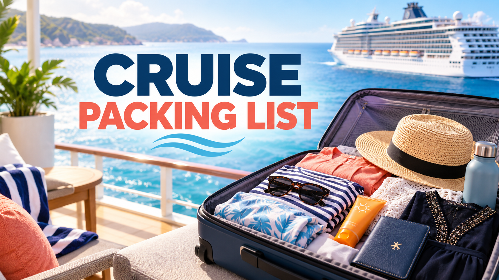 Cruise packing list essentials laid out in an open suitcase