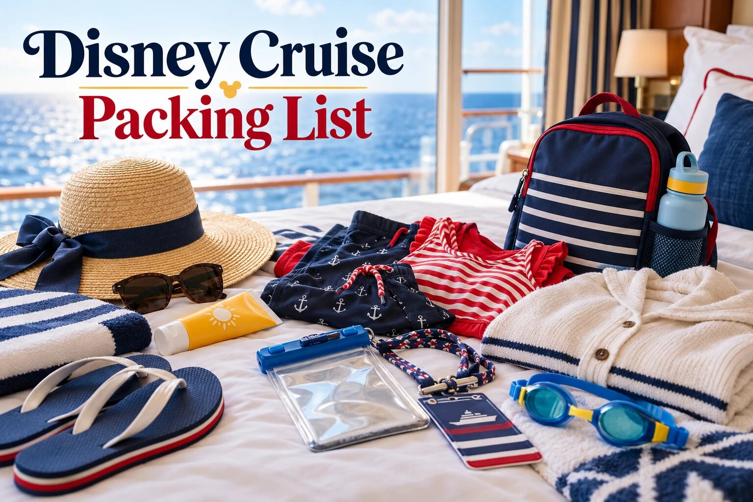 Disney cruise packing list laid out with swimsuits, lanyards, and a day bag