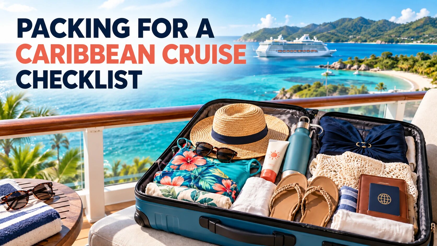 Caribbean cruise packing checklist laid out with swimsuit, sunscreen, sandals, and a passport