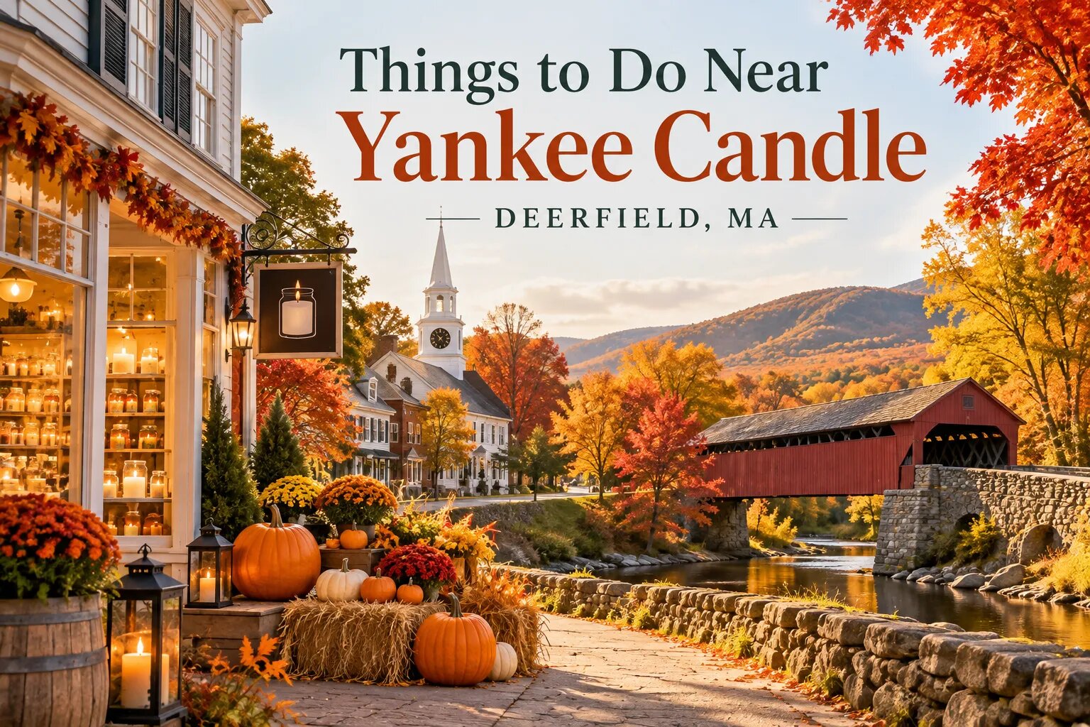 Things to do near Yankee Candle in Deerfield, MA - illustrated fall scene