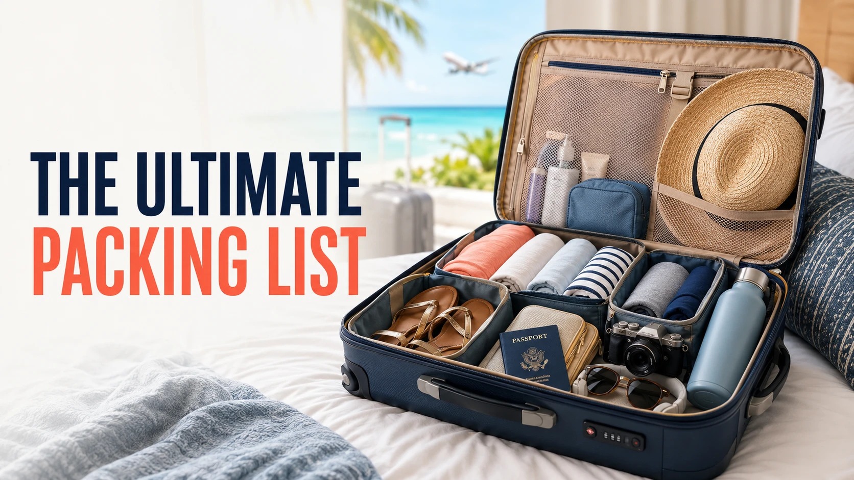Ultimate packing list: an open suitcase on a bed packed with folded clothes, a passport, a power bank, and travel adapter